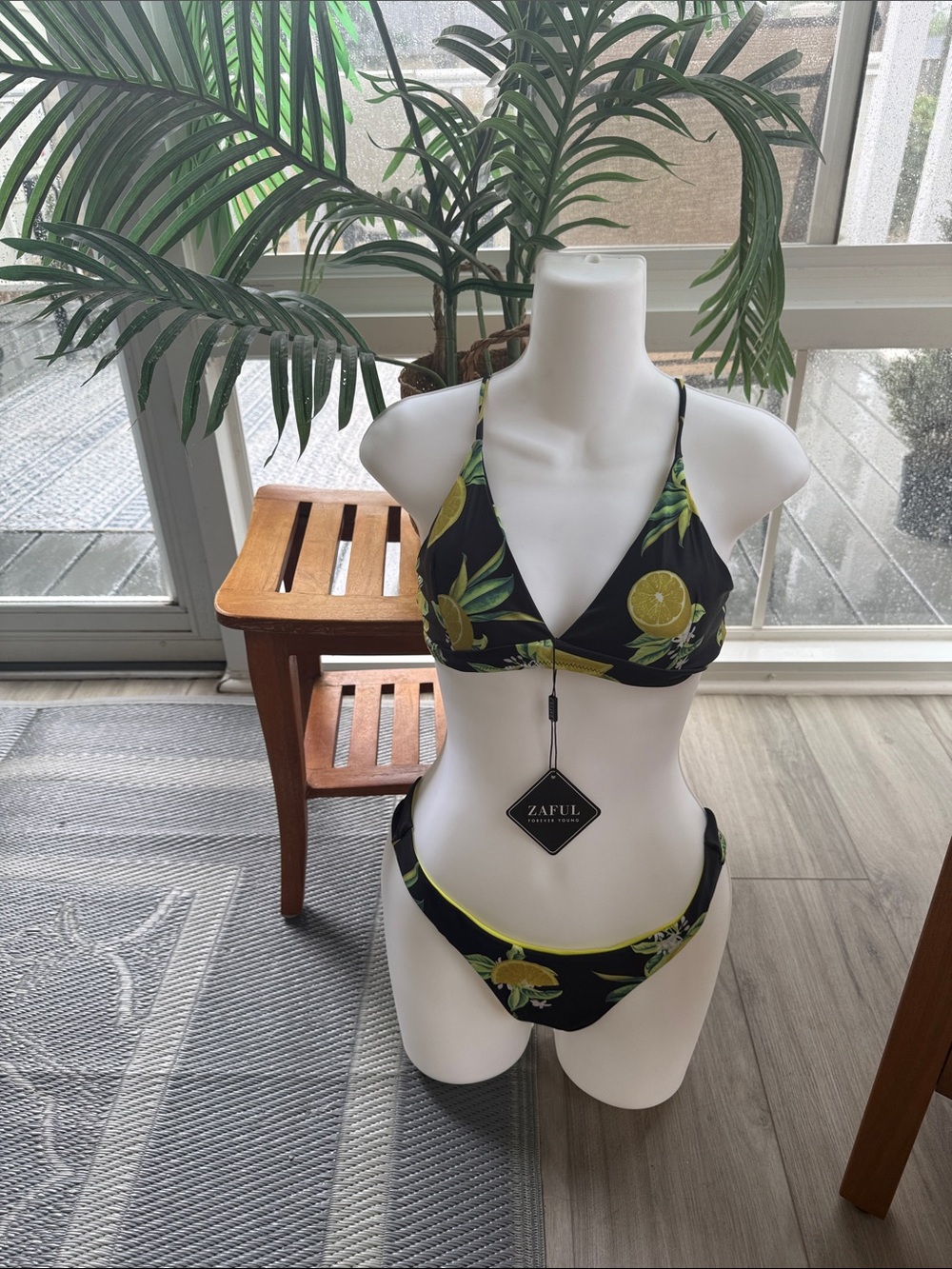 Zaful Black Bikini with Green Leaf & Yellow Lemon Print